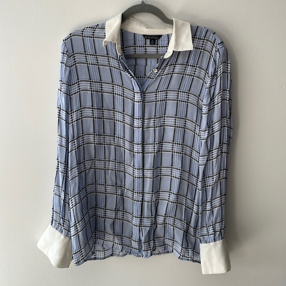 Brooks Brothers, 14, 100% silk blue houndstooth plaid semi-sheer blouse, button - Picture 1 of 10